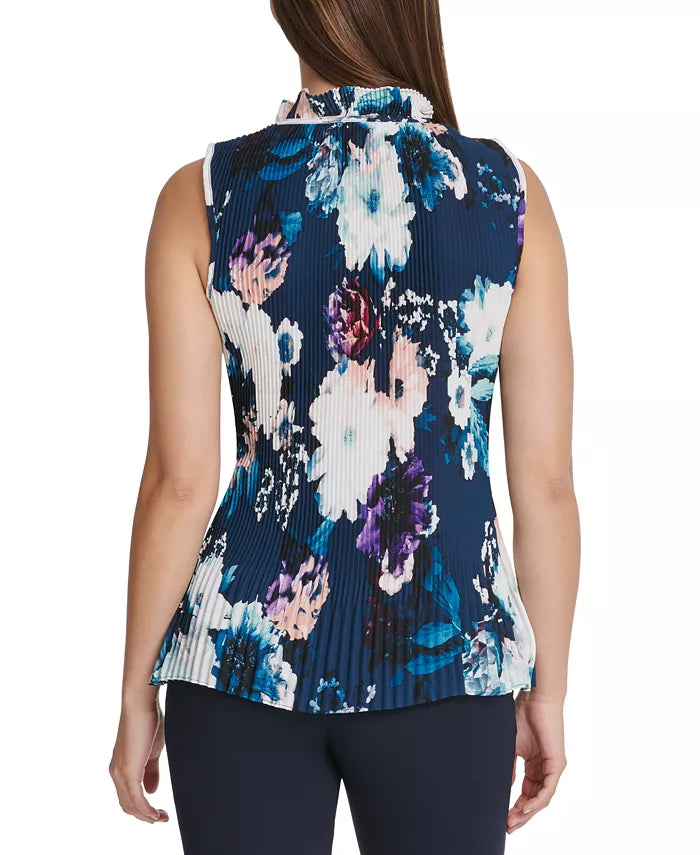 DKNY Floral Women's Tie-Neck Pleated Top Blue Size Large