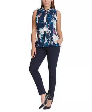 DKNY Floral Women's Tie-Neck Pleated Top Blue Size Large