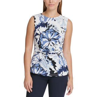 DKNY Women's Floral-Print Side-Knot Top Blue Size Small
