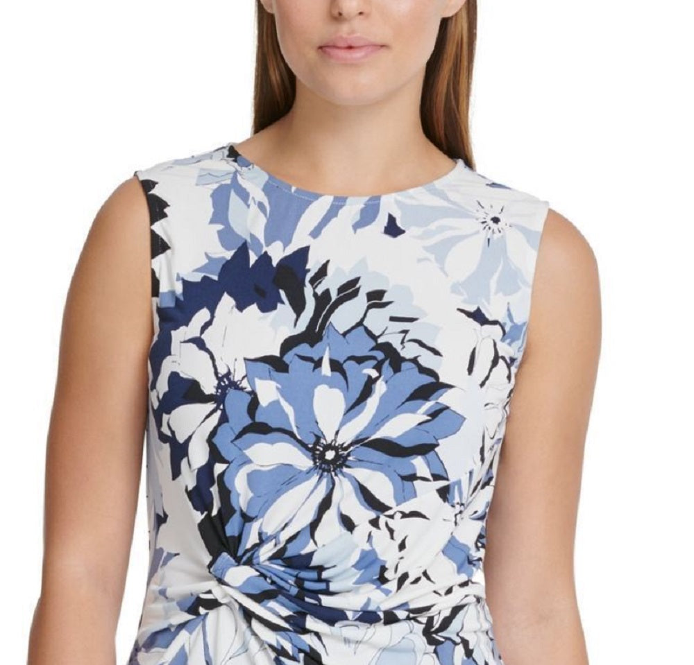 DKNY Women's Floral-Print Side-Knot Top Blue Size Small