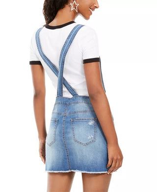 Vanilla Star Juniors' Frayed-Hem Overalls Dress Blue Size 15