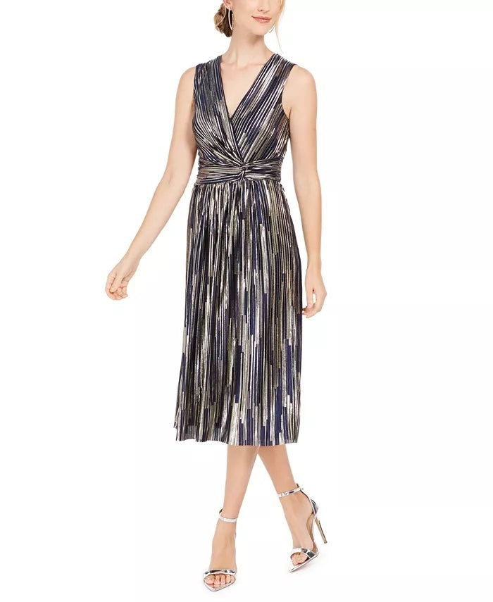 Vince Camuto Women's Metallic Pleat Sleeveless Dress Blue Size 14