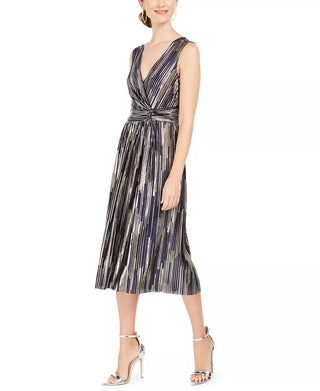 Vince Camuto Women's Metallic Pleat Sleeveless Dress Blue Size 14
