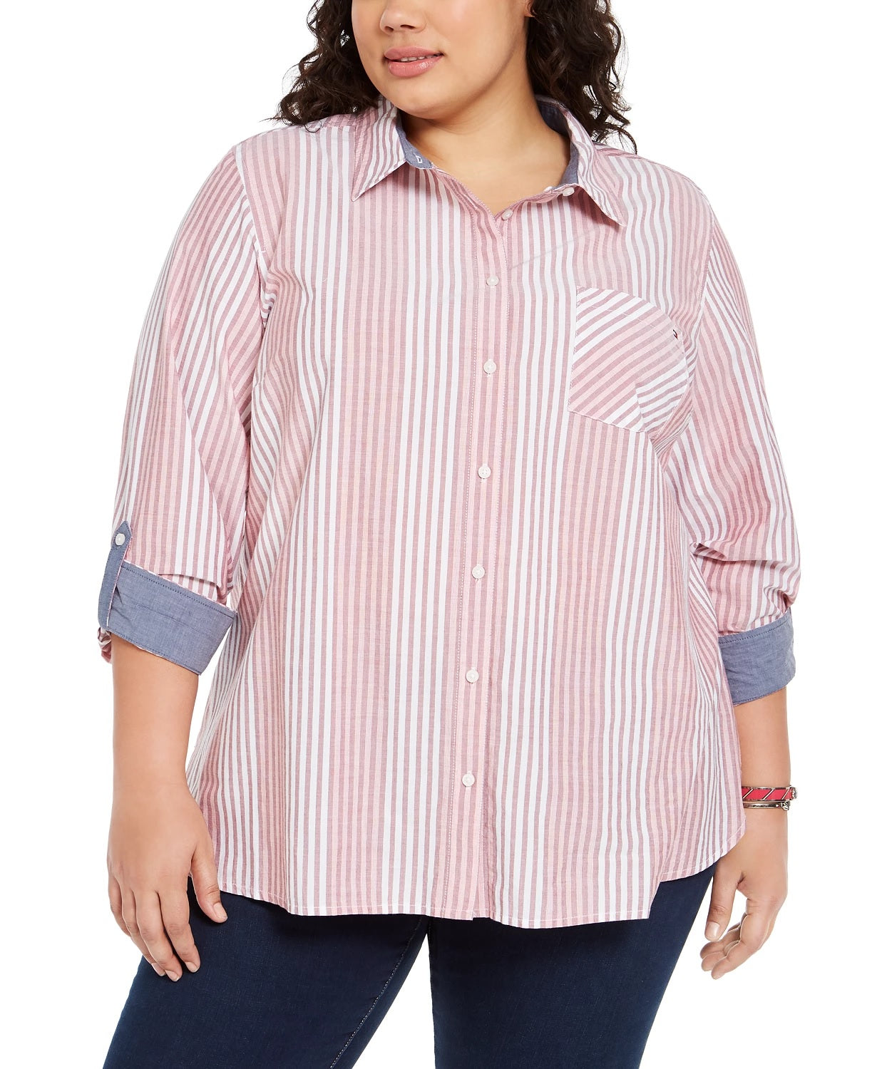 Tommy Hilfiger Women's Plus Size Striped Cotton Shirt Red Size 1X