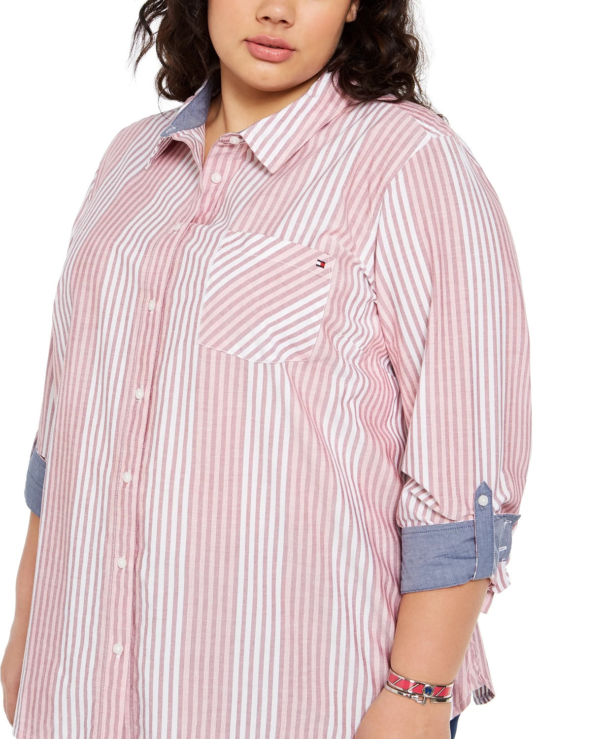 Tommy Hilfiger Women's Plus Size Striped Cotton Shirt Red Size 1X