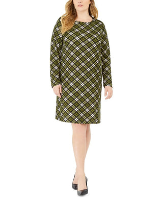Michael Kors Women's Plus Plaid Long Sleeve Shift Dress Green Size 2X
