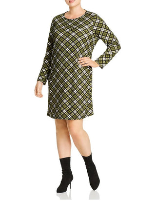 Michael Kors Women's Plus Plaid Long Sleeve Shift Dress Green Size 2X