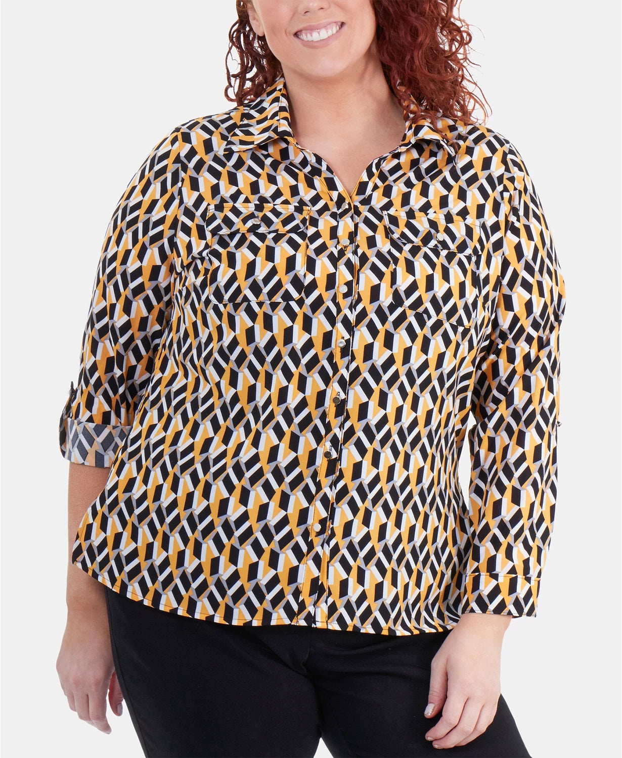 NY Collection Women's Plus Size Printed Utility Shirt Dark Yellow Size 1X