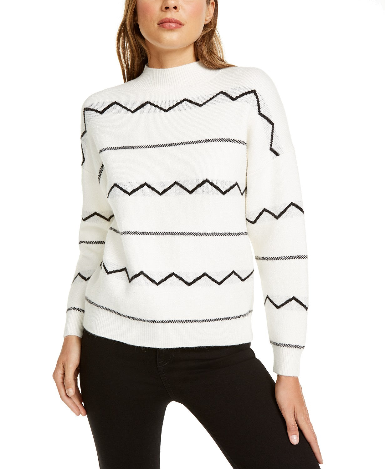 Lost + Wander Women's Zig-Zag Pullover Mockneck Sweater White Size Medium