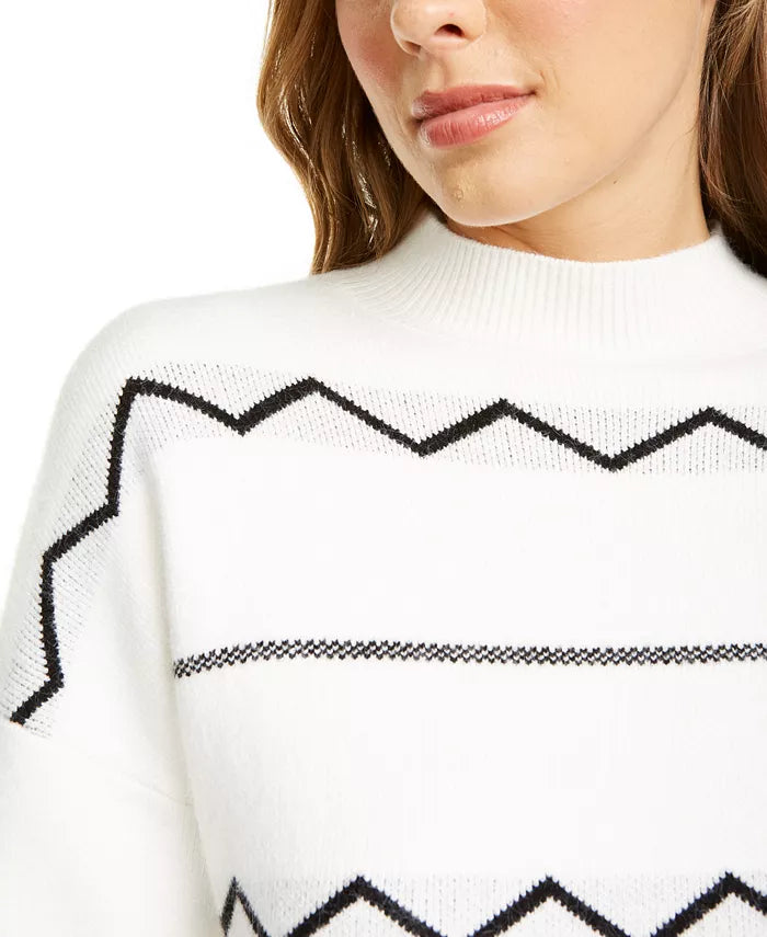 Lost + Wander Women's Zig-Zag Pullover Mockneck Sweater White Size Medium