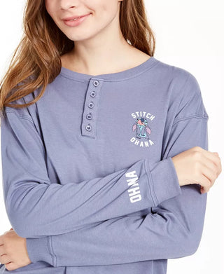 Disney Juniors' Stitch Henley T-Shirt Blue Size X-Small