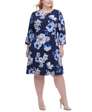 Tommy Hilfiger Women's Plus Size Floral-Print Grommet-Sleeve Dress Blue Size 14W