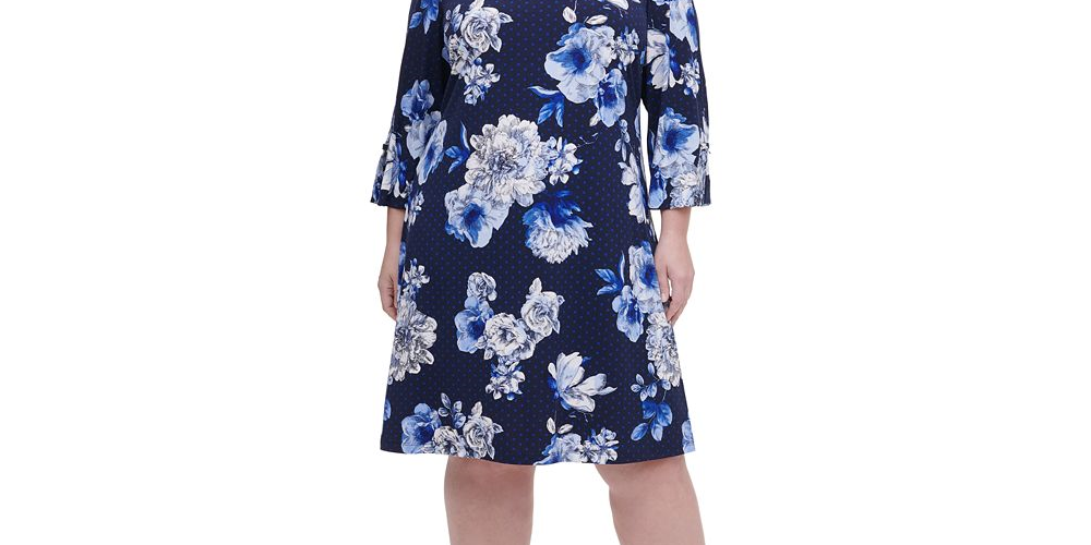 Tommy Hilfiger Women's Plus Size Floral-Print Grommet-Sleeve Dress Blue Size 14W