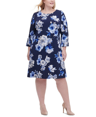 Tommy Hilfiger Women's Plus Size Floral-Print Grommet-Sleeve Dress Blue Size 22W