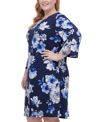 Tommy Hilfiger Women's Plus Size Floral-Print Grommet-Sleeve Dress Blue Size 22W