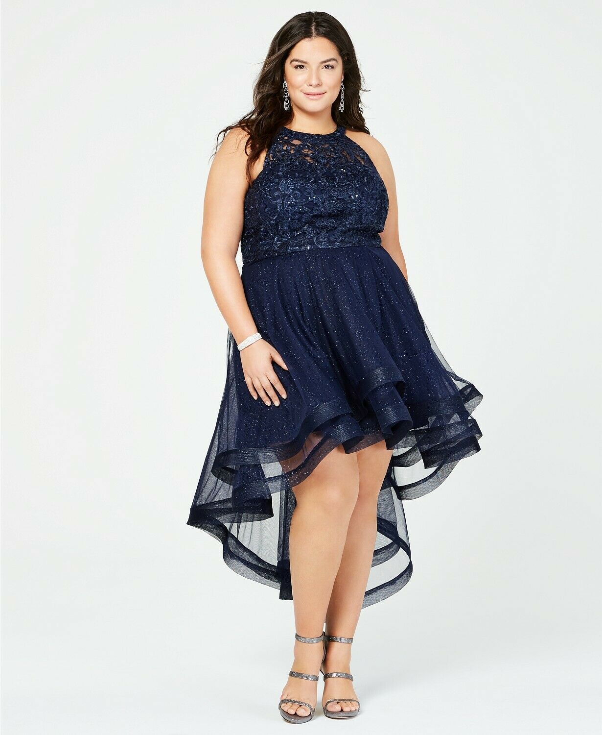 Say Yes To The Prom Women's Trendy Plus Size Embellished High-Low Dress Navy Size 18