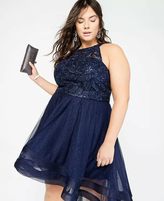 Say Yes To The Prom Women's Trendy Plus Size Embellished High-Low Dress Navy Size 18