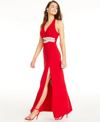 Speechless Juniors' Embellished Halter Gown Red Size 1