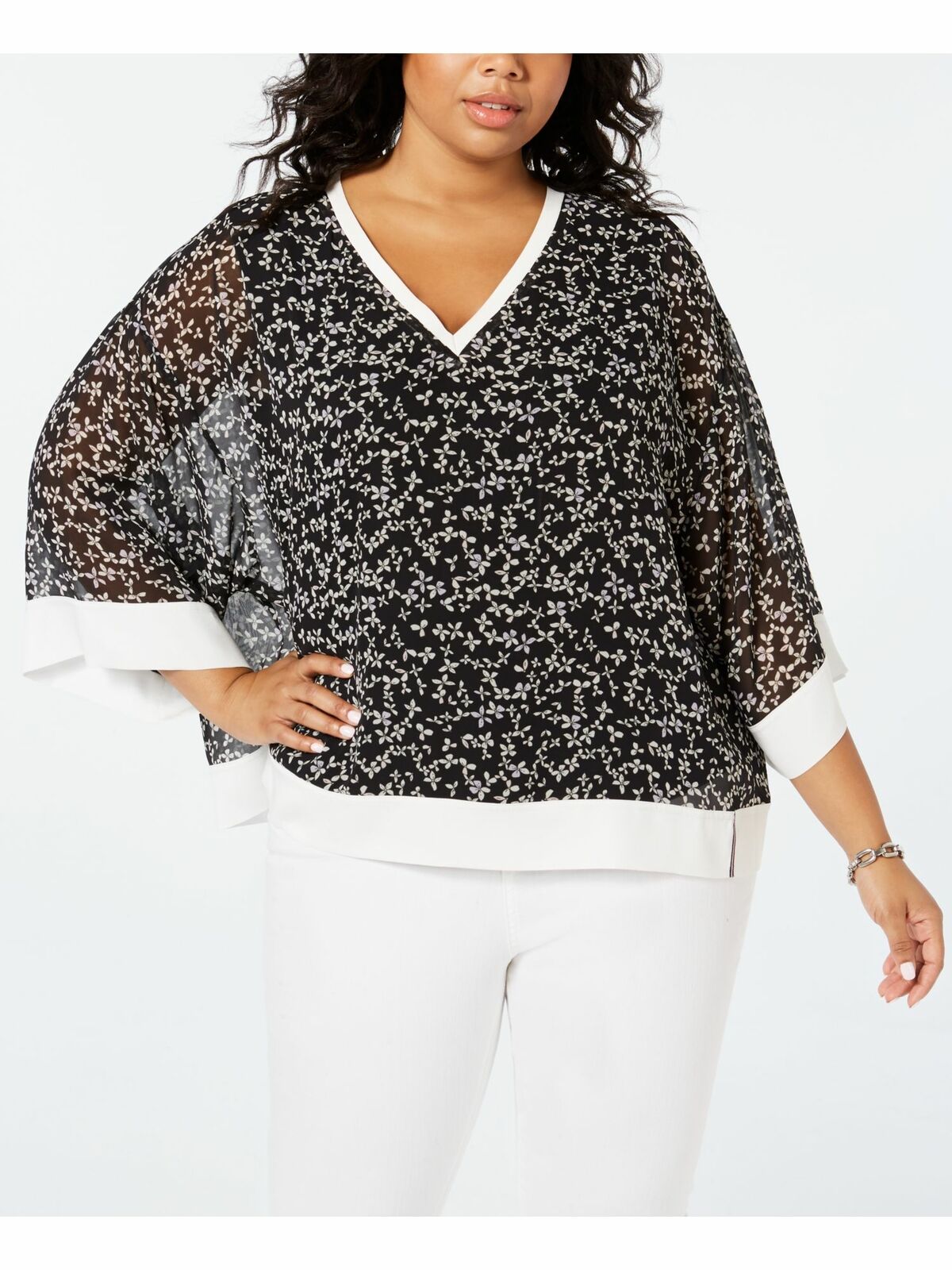 Tommy Hilfiger Women's Floral Bell Sleeve V Neck Top Black Size 3X