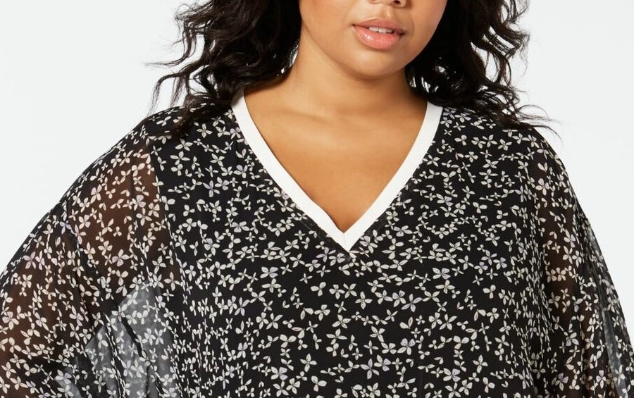 Tommy Hilfiger Women's Floral Bell Sleeve V Neck Top Black Size 3X