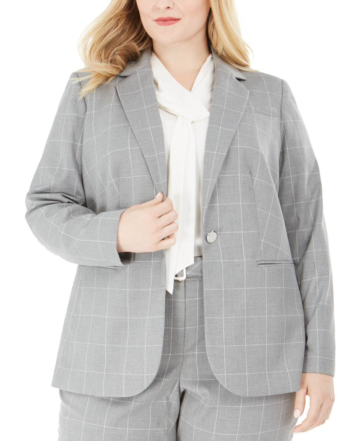 Calvin Klein Women's Plus Size Windowpane Print Single Button Blazer Gray 24W