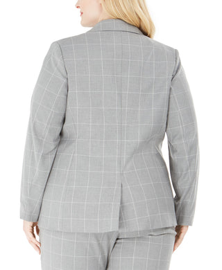 Calvin Klein Women's Plus Size Windowpane Print Single Button Blazer Gray 24W