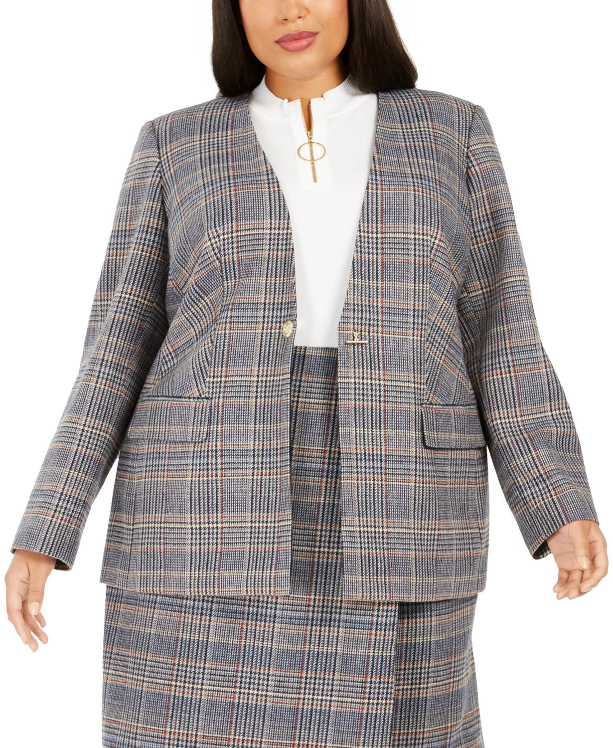 Calvin Klein Women's Plus Size Plaid Collarless Blazer Brown Size 14W