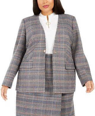 Calvin Klein Women's Plus Size Plaid Collarless Blazer Brown Size 14W