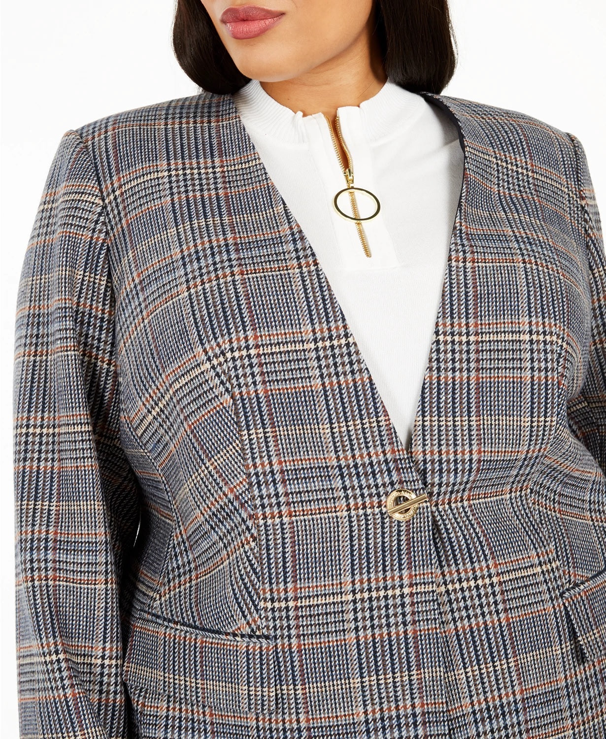 Calvin Klein Women's Plus Size Plaid Collarless Blazer Brown Size 14W