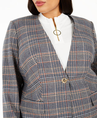 Calvin Klein Women's Plus Size Plaid Collarless Blazer Brown Size 14W