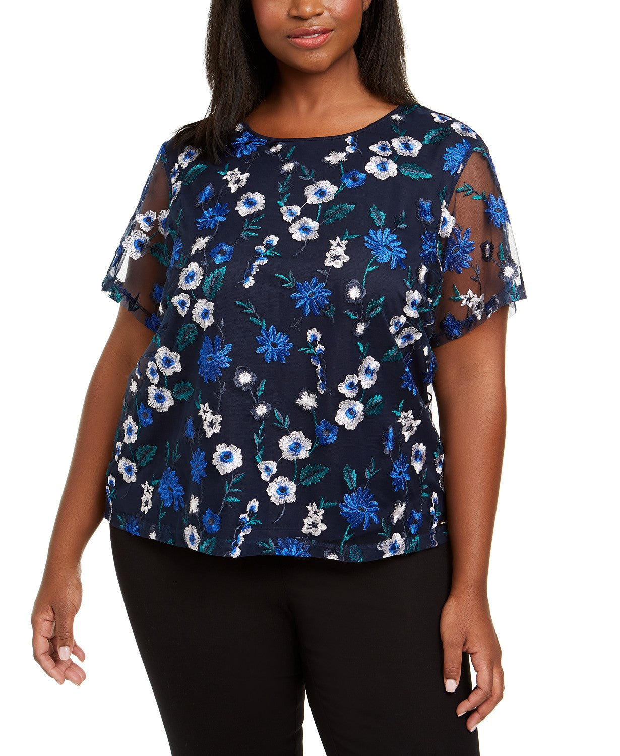 Calvin Klein Women's Plus Size Embroidered Floral Top Black Size 1X