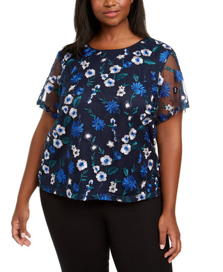 Calvin Klein Women's Plus Size Embroidered Floral Top Black Size 1X