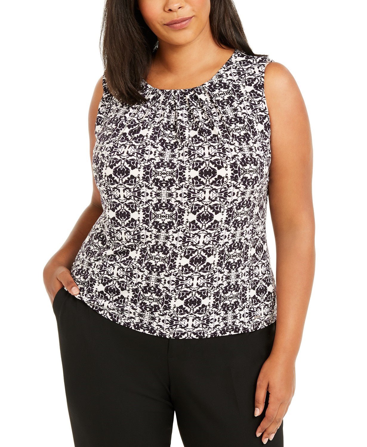 Calvin Klein Women's  Sleeveless Printed Pleat Neck Top Black Size 2X