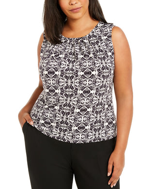 Calvin Klein Women's  Sleeveless Printed Pleat Neck Top Black Size 2X