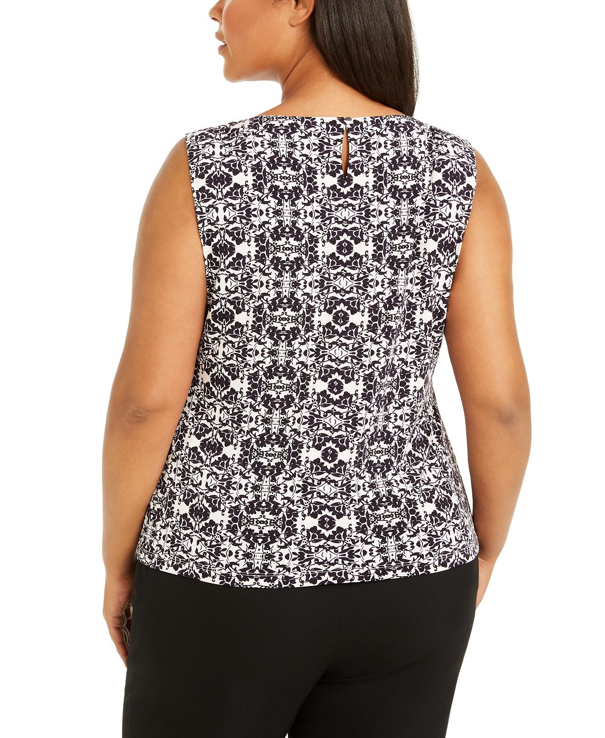 Calvin Klein Women's  Sleeveless Printed Pleat Neck Top Black Size 2X