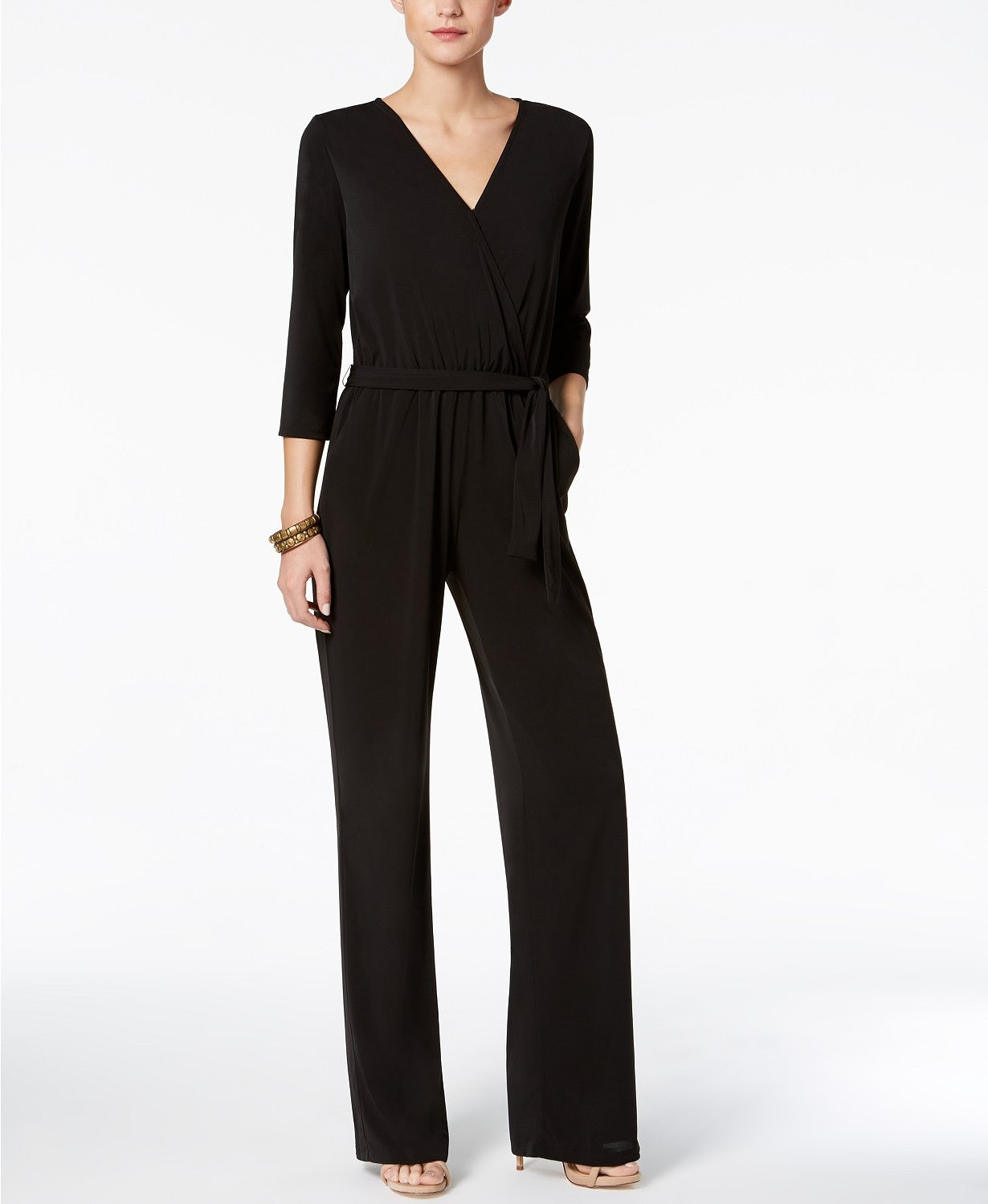NY Collection Women's Petite Belted Jumpsuit Black Size X-Small