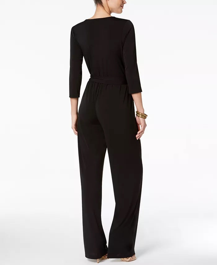 NY Collection Women's Petite Belted Jumpsuit Black Size X-Small