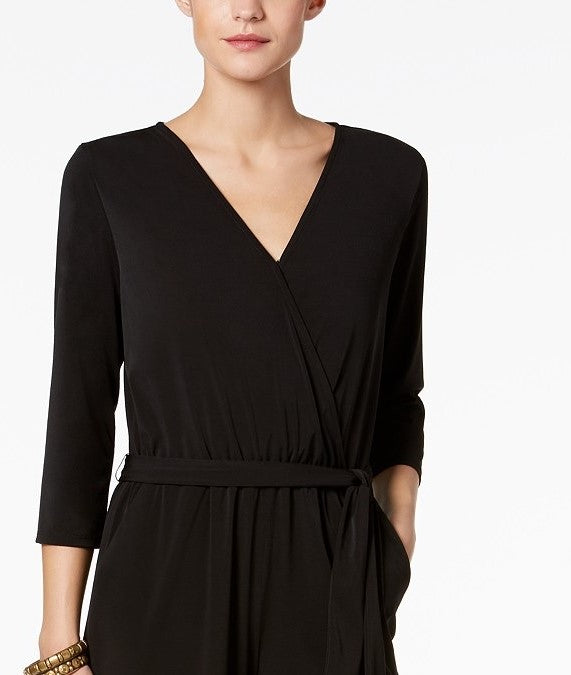 NY Collection Women's Petite Belted Jumpsuit Black Size X-Small