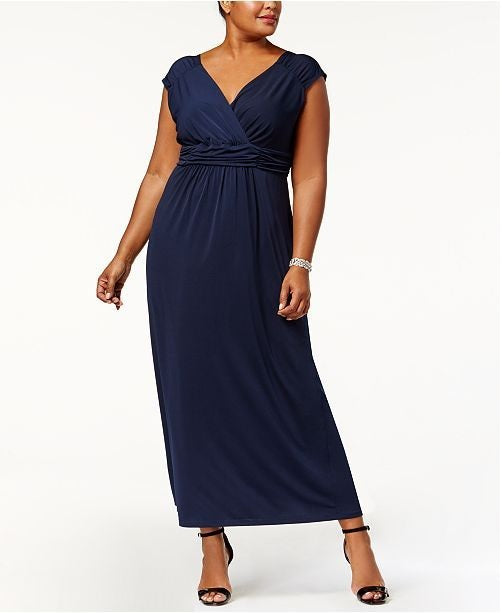 NY Collection Women's Plus Ruched Empire Maxi Dress Black Size 3X