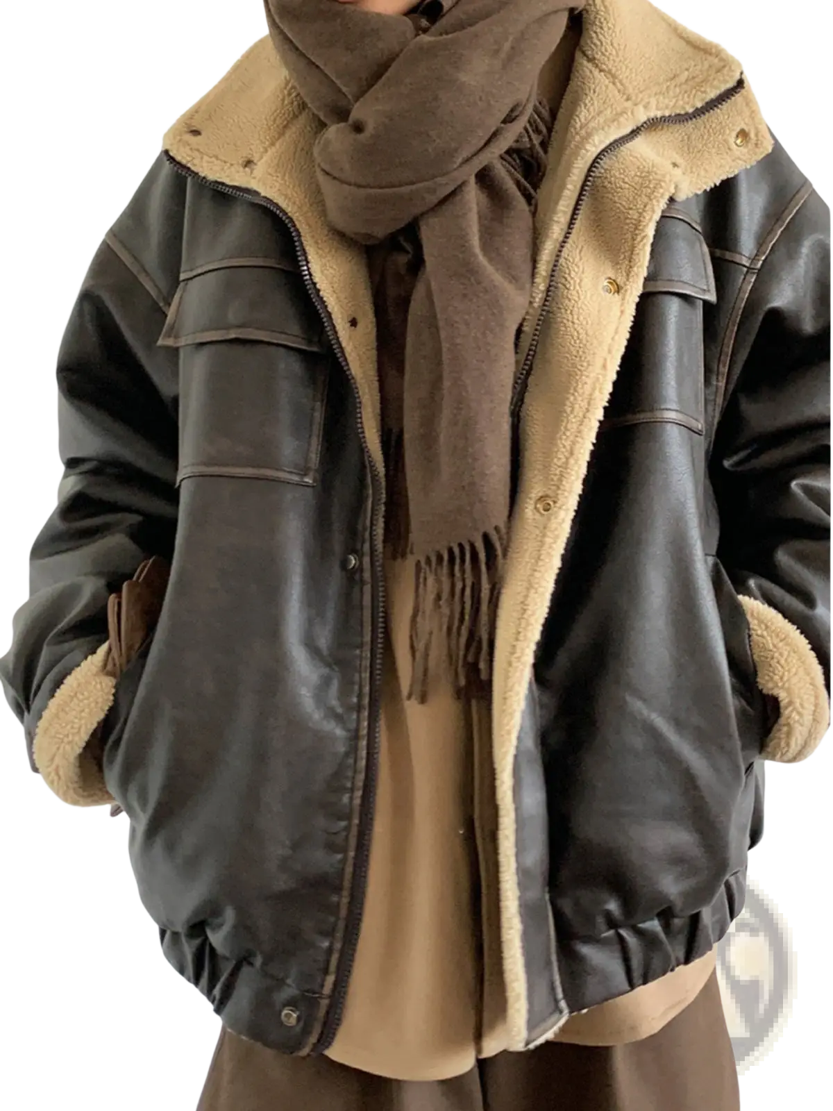 Maillard Leather Bomber Jacket with Shearling Lining