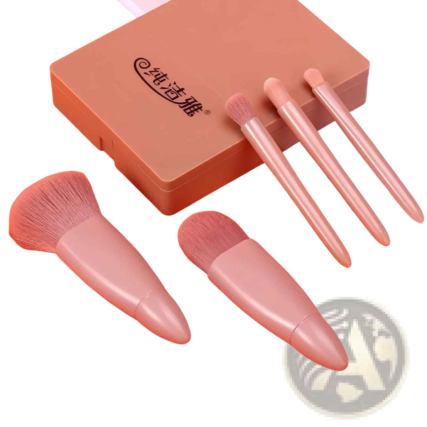 Makeup Brush Set with Mirror 5 Piece Portable Pink Kit