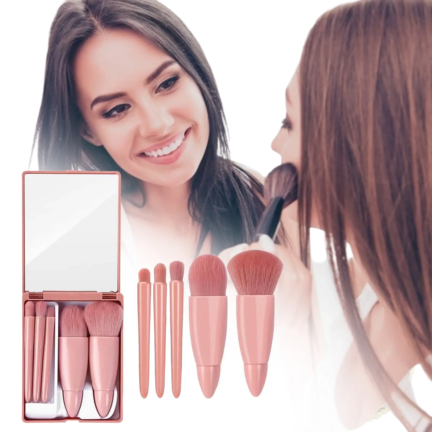 Makeup Brush Set with Mirror 5 Piece Portable Pink Kit