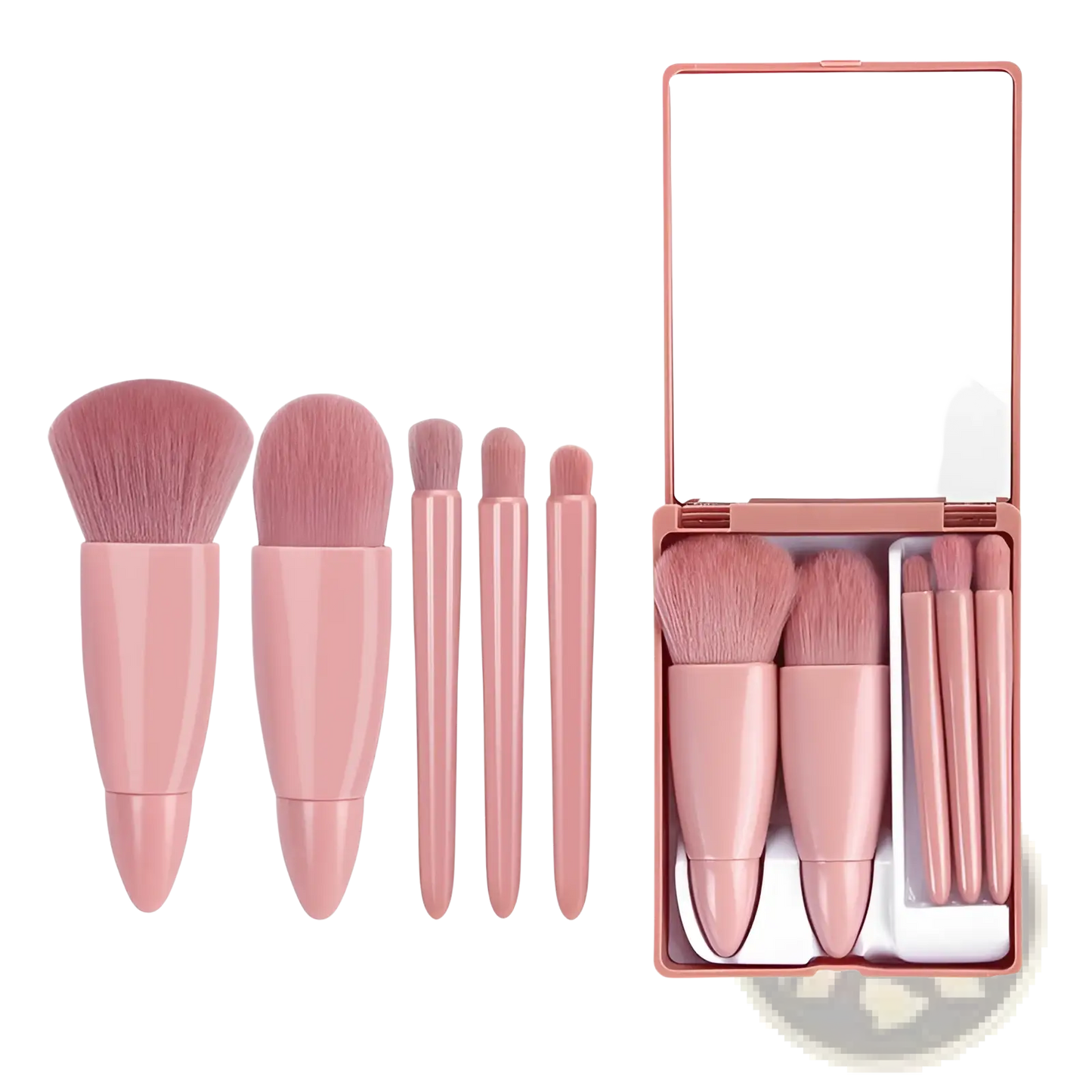 Makeup Brush Set with Mirror 5 Piece Portable Pink Kit