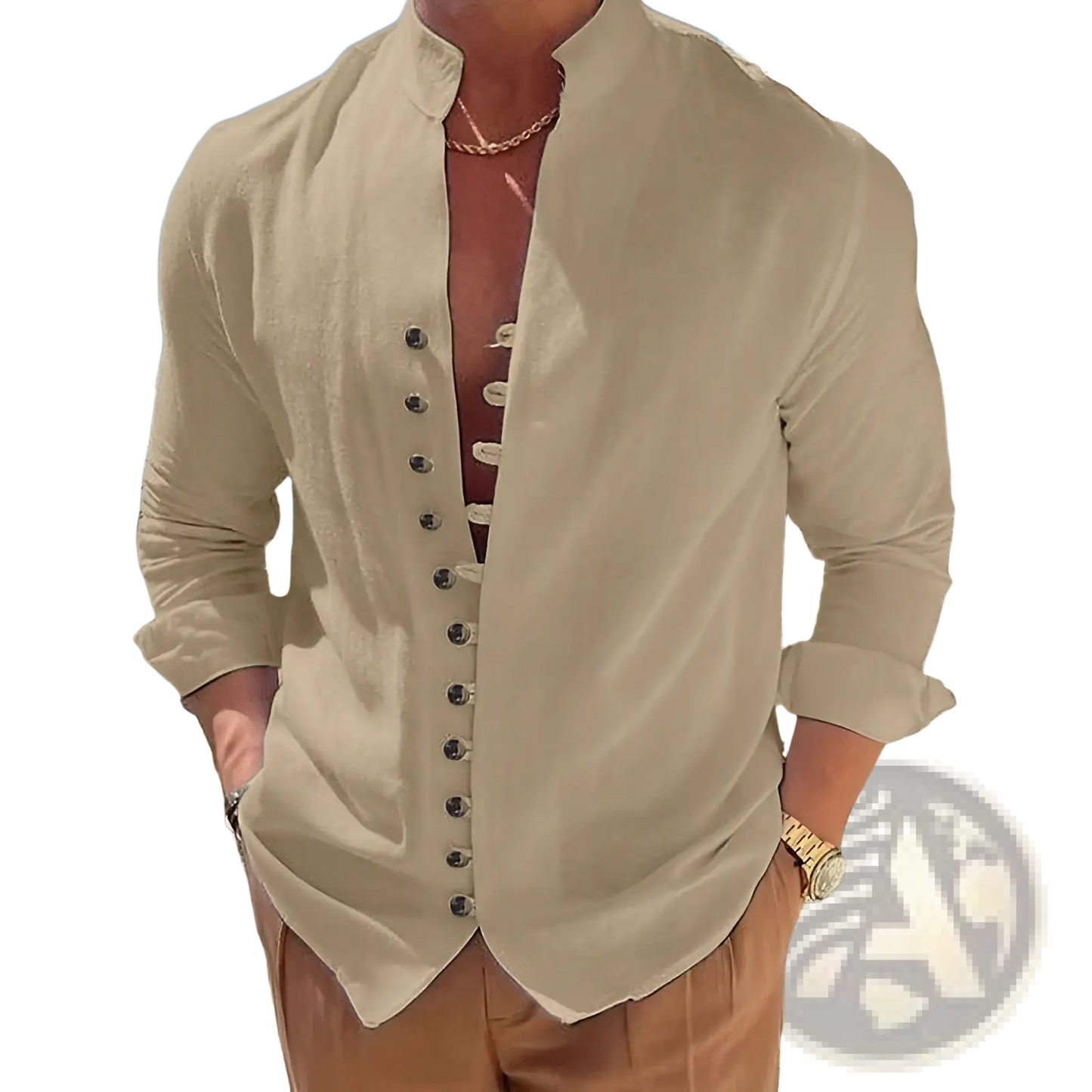 Mandarin Collar Linen Blend Wrinkle Resistant Casual Shirt