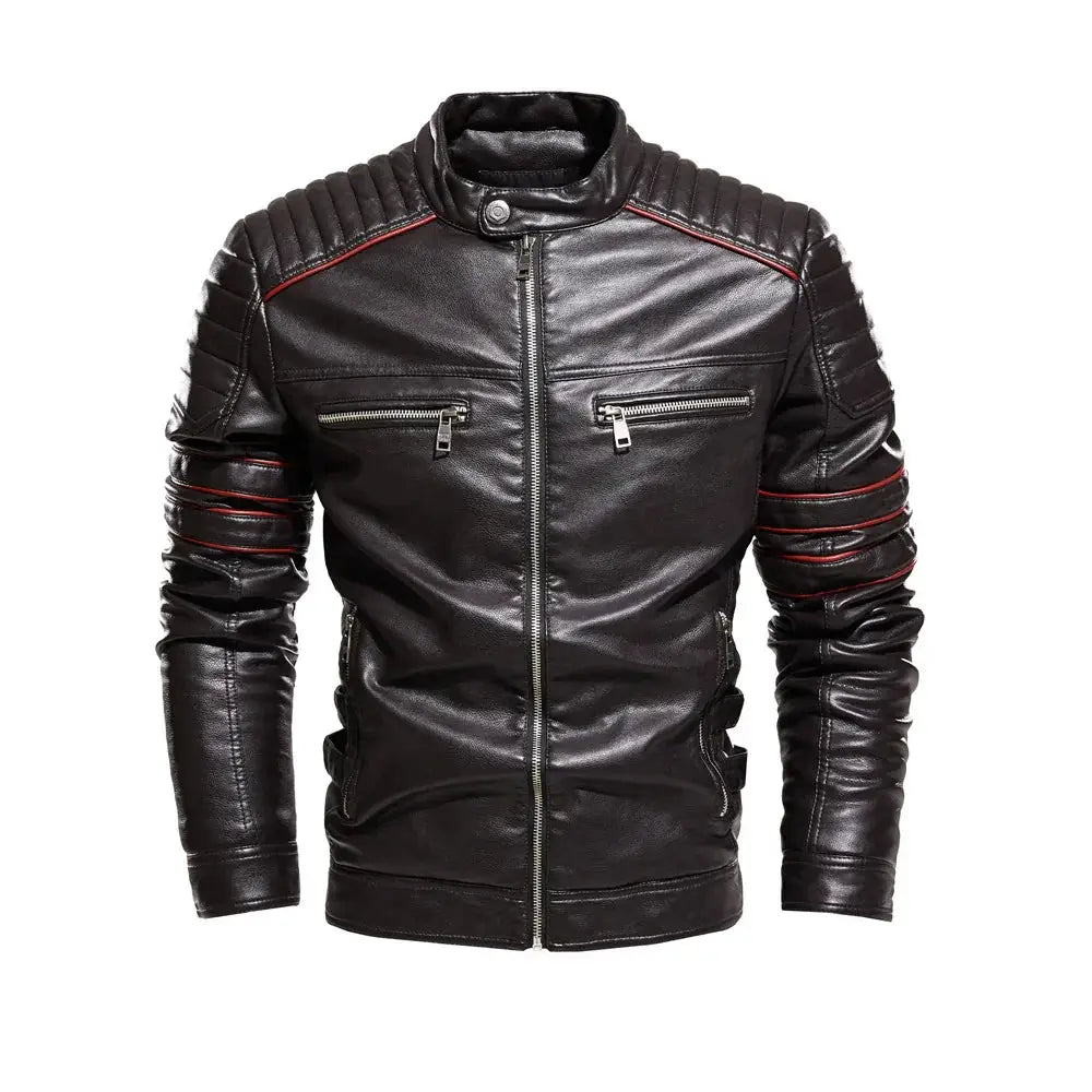 Men's Fleece Lined Leather Motorcycle Jacket with Red Stitching