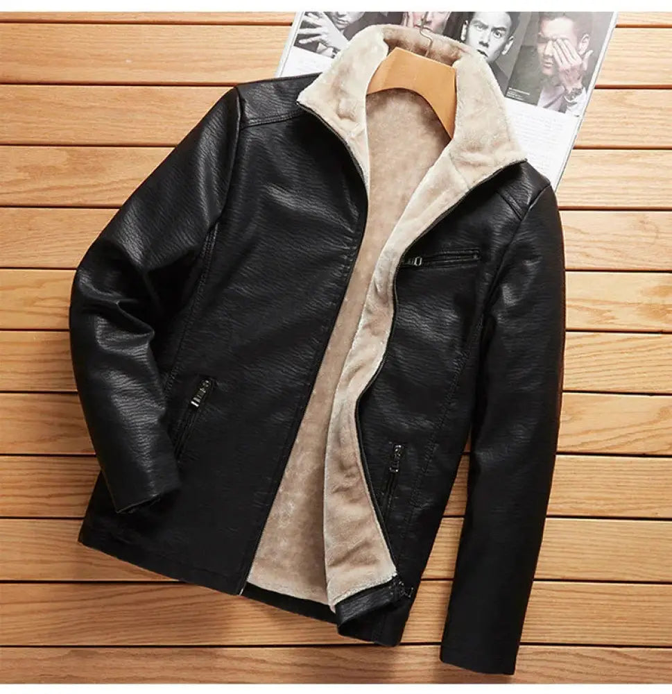 Men's Plus Size Faux Leather Jacket with Plush Fleece Lining