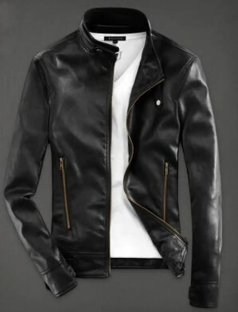 Men's Slim Fit Black Pu Leather Biker Jacket with Gold Zips