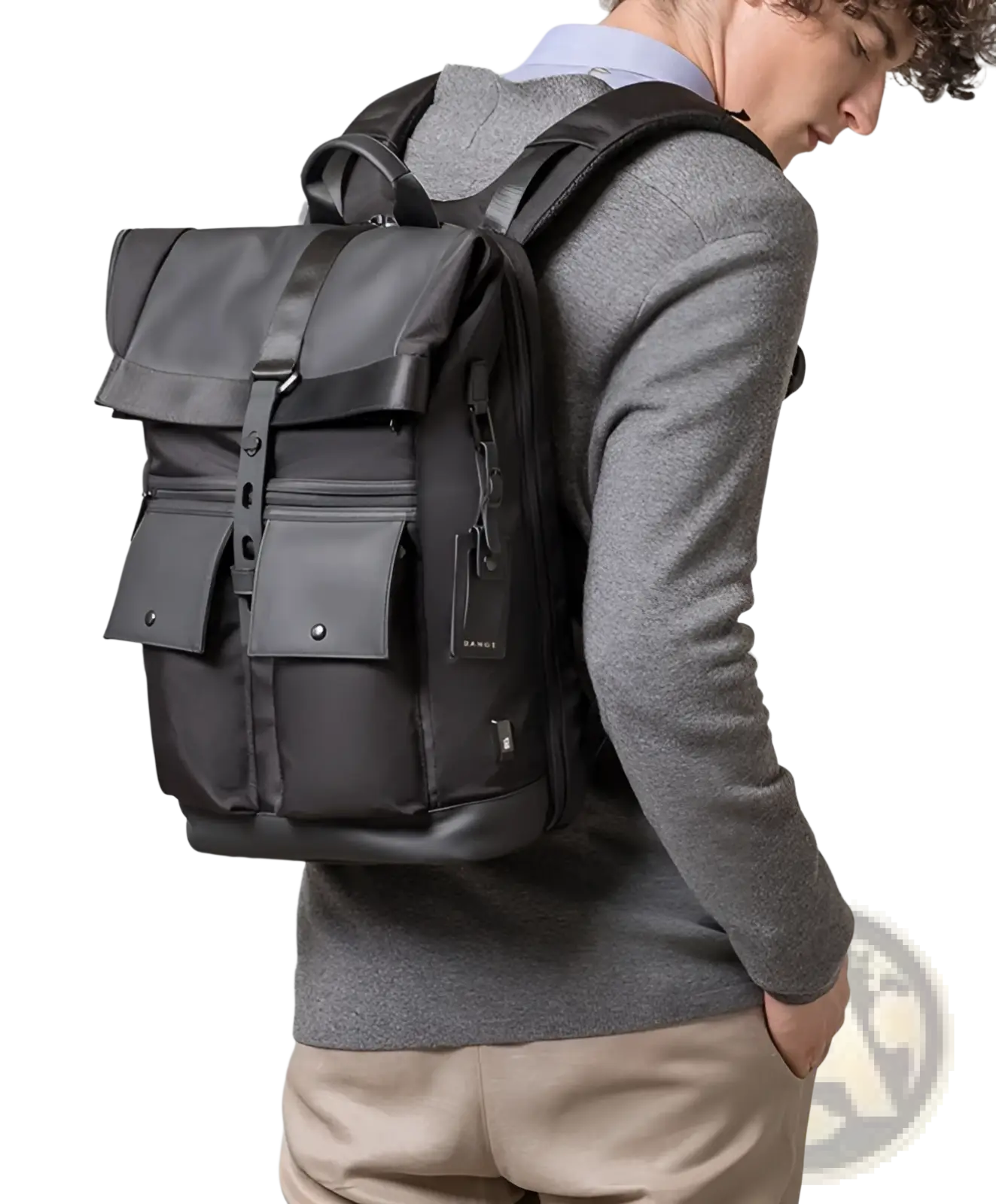 Men's 16 Inch Roll Top Laptop Backpack Black Nylon