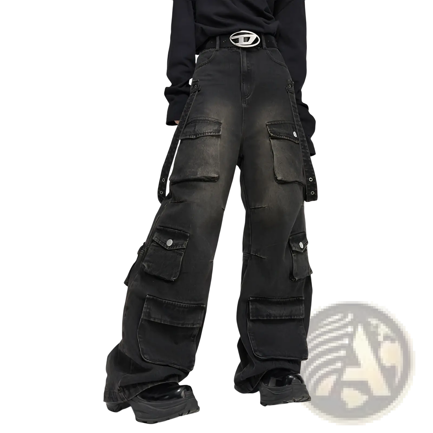 Men's Black Distressed Wide Leg Cargo Jeans