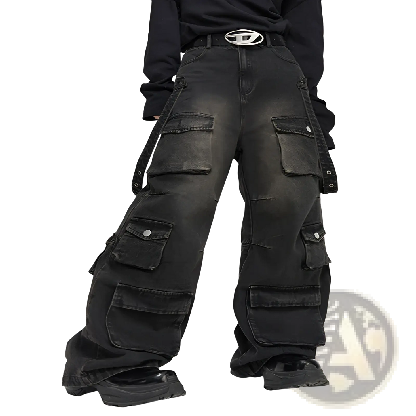 Men's Black Distressed Wide Leg Cargo Jeans